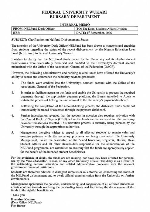 FUWAKARI clarifies NELFUND disbursement status