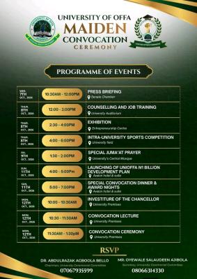 UNIOFFA Announces Programme of Events for Inaugural Convocation Ceremony