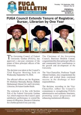 FUGASHUA Council Grants One-Year Extension to Registrar, Bursar and Librarian