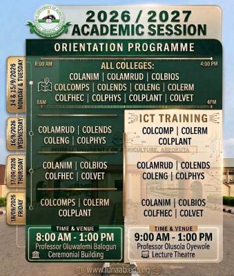 FUNAAB Schedules Orientation CT Training for New Students for 2026/2027 Session