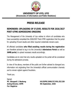 UNIUYO reminder on O'level result upload, 2026/2027