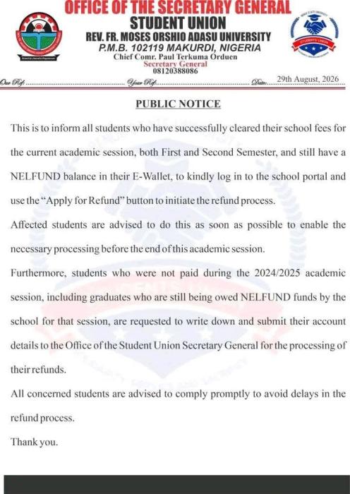 BSU SUG Issues Notice on Outstanding NELFUND Balances