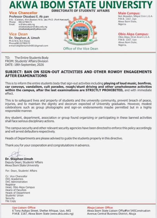 AKSU Bans Sign-Out Activities, Rowdy Celebrations After Examinations