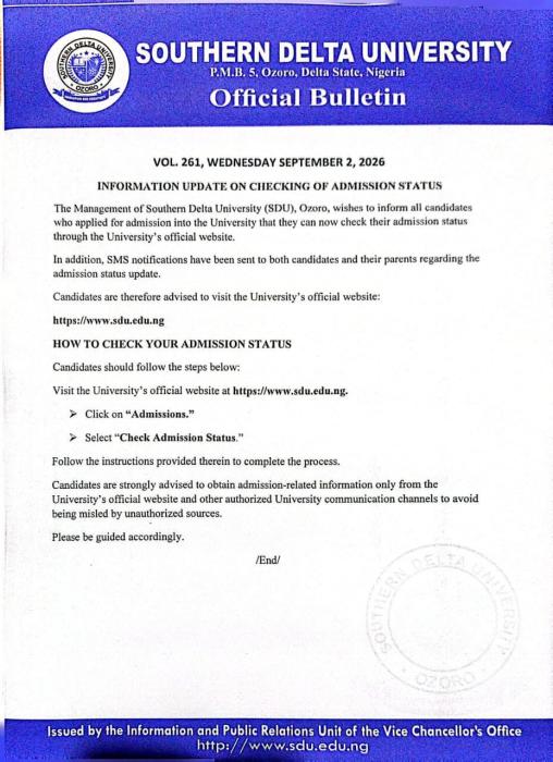 Southern Delta University Admission List, 2026/2027