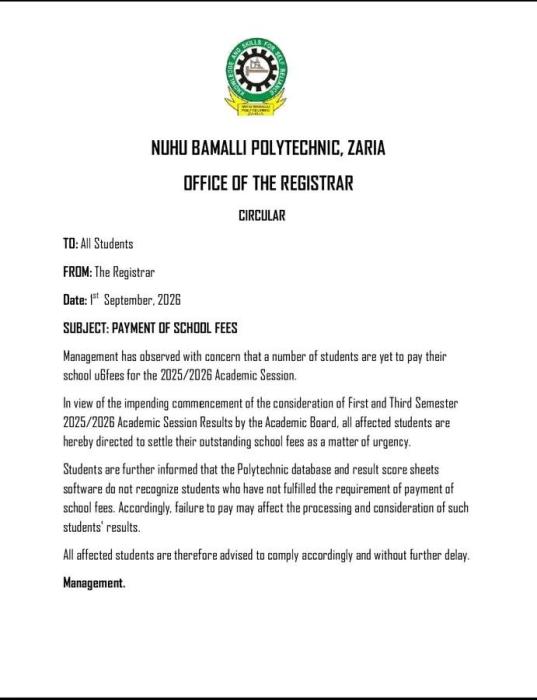 Nuhu Bamalli Poly notice on payment of school fees