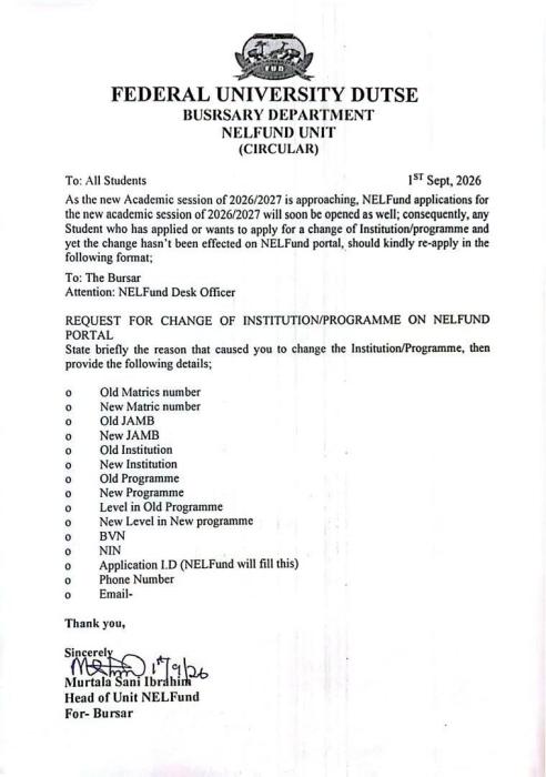 FUDUTSE Announces NELFUND Change of Institution/Programme Application