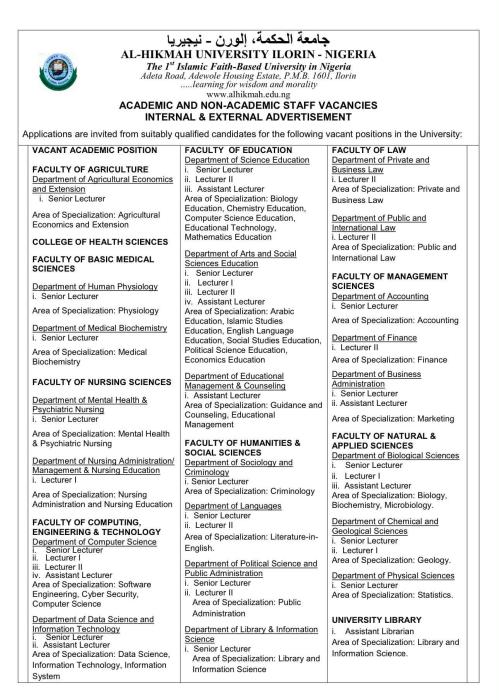Al-Hikmah University Opens Applications for Academic and Non-Academic Staff Positions