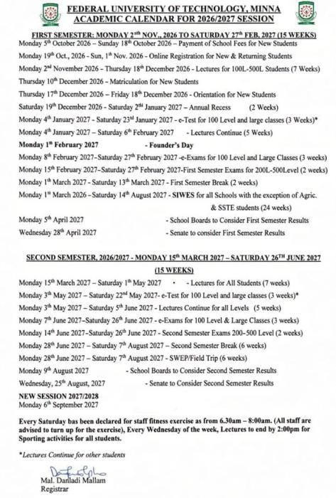 FUTMINNA Academic Calendar 2026/2027: Key Dates and Important Academic Activities